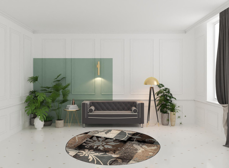 8' Round Beige and Gray Round Floral Power Loom Distressed Stain Resistant Area Rug