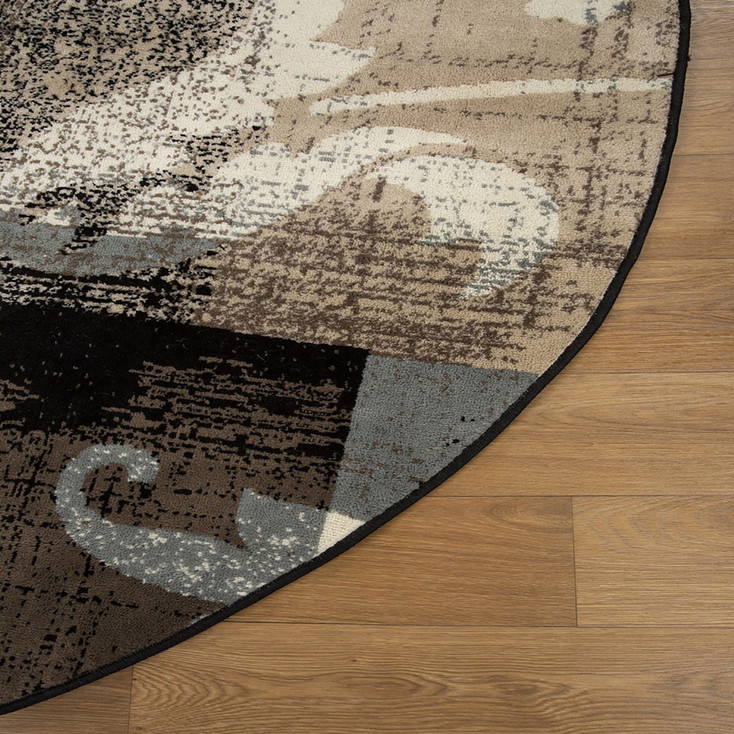 8' Round Beige and Gray Round Floral Power Loom Distressed Stain Resistant Area Rug