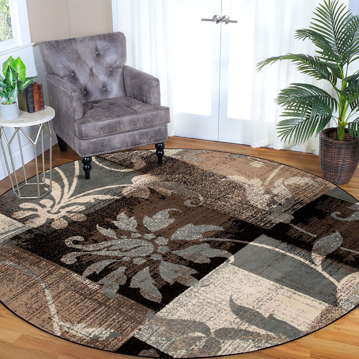 8' Round Beige and Gray Round Floral Power Loom Distressed Stain Resistant Area Rug