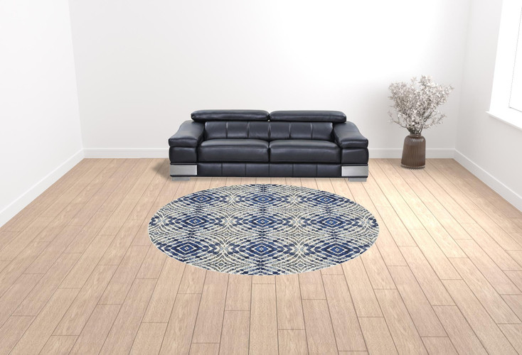 9' Ivory Blue and Gray Round Abstract Distressed Stain Resistant Area Rug