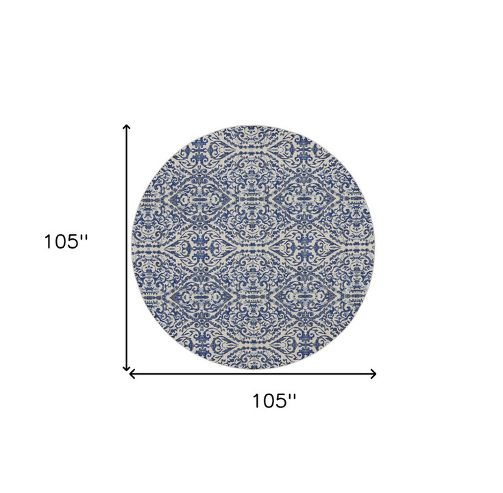 9' Blue Ivory and Black Round Floral Distressed Stain Resistant Area Rug