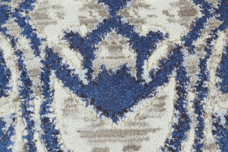 9' Blue Taupe and Ivory Round Ikat Distressed Stain Resistant Area Rug