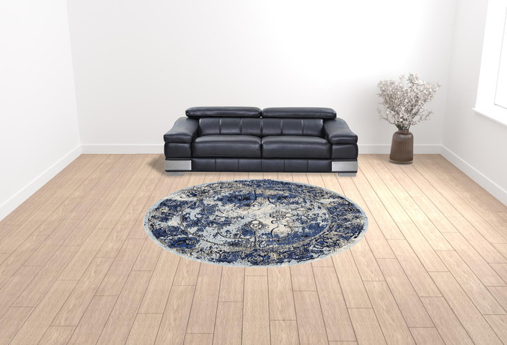 9' Blue Ivory and Gray Round Floral Distressed Stain Resistant Area Rug