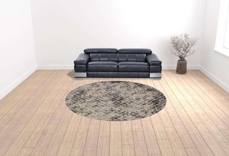 9' Ivory Gray and Taupe Round Abstract Stain Resistant Area Rug