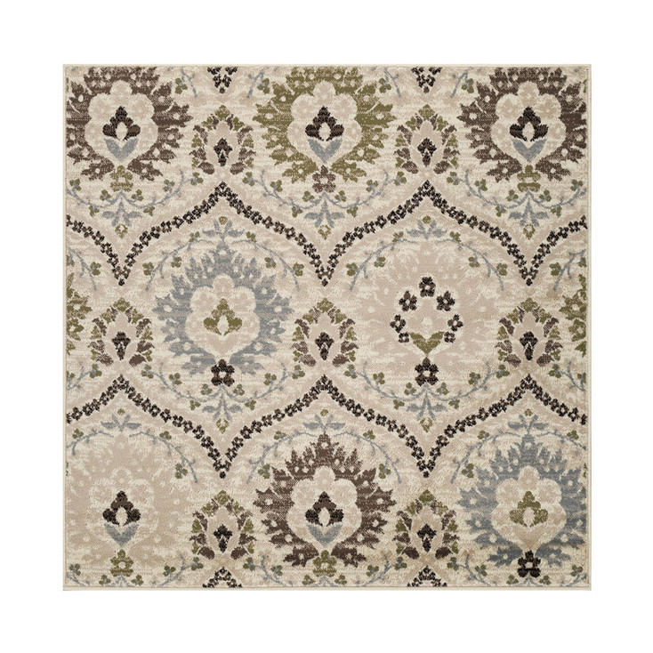 5' Square Ivory Gray and Olive Square Floral Stain Resistant Area Rug