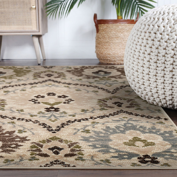 5' Square Ivory Gray and Olive Square Floral Stain Resistant Area Rug