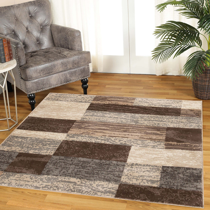 8' Square Slate Square Patchwork Power Loom Stain Resistant Area Rug