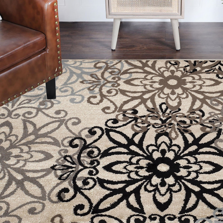 8' Square Tan Gray and Black Square Floral Medallion Stain Resistant Area Rug