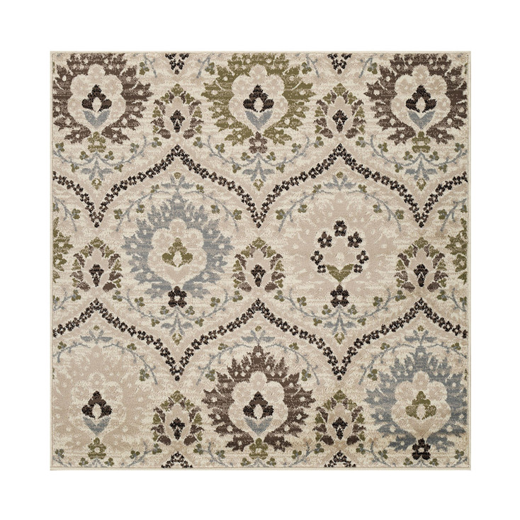 8' Square Ivory Gray and Olive Square Floral Stain Resistant Area Rug