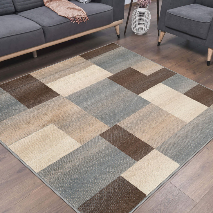 8' Square Grey Square Patchwork Power Loom Stain Resistant Area Rug