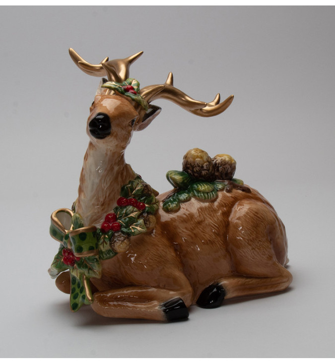 Reindeer with Pine Cone Porcelain Sculpture