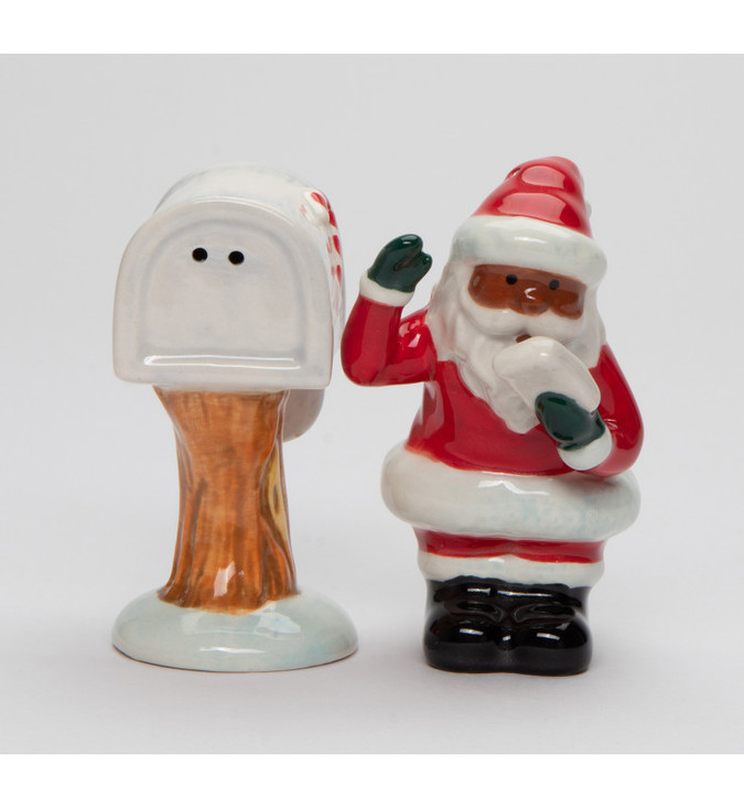 African American Santa Checking His Mailbox Porcelain Salt and Pepper Shakers, Set of 4