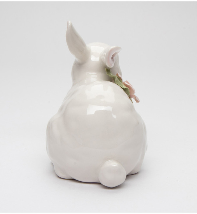 Sitting Rabbit with Pink Rose Porcelain Sculpture