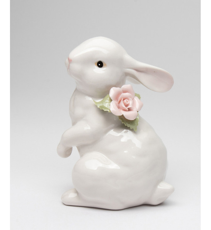 Rabbit with Pink Rose Porcelain Sculpture