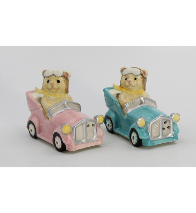 Teddy Bear Driving a Car Porcelain Salt and Pepper Shakers, Set of 4