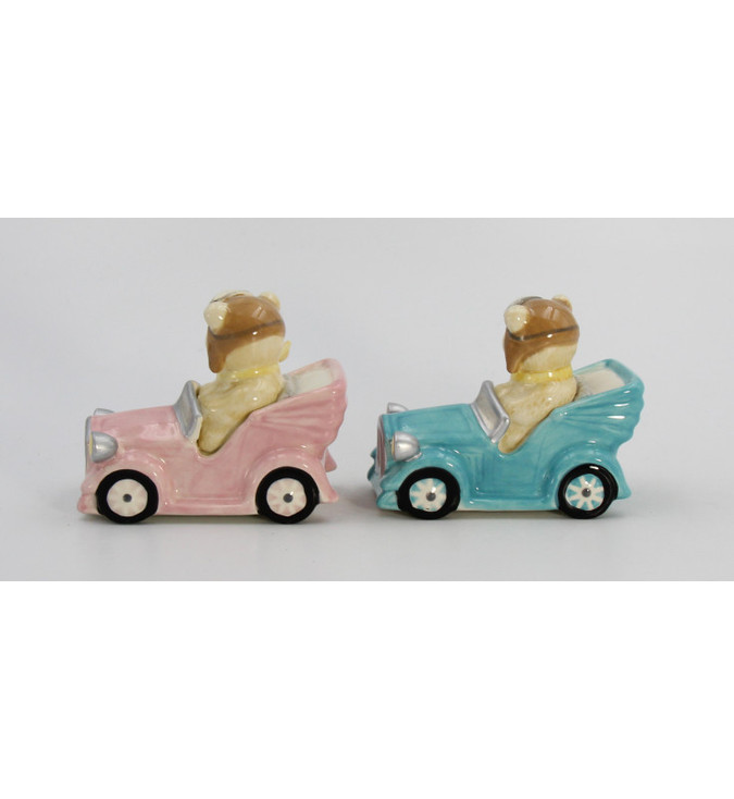 Teddy Bear Driving a Car Porcelain Salt and Pepper Shakers, Set of 4