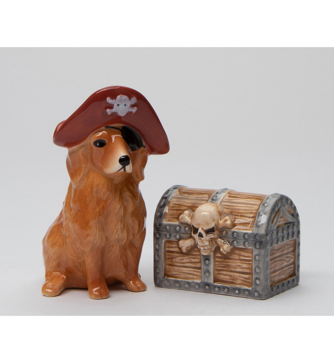 Pirate Dog and Treasure Box Porcelain Salt and Pepper Shakers, Set of 4