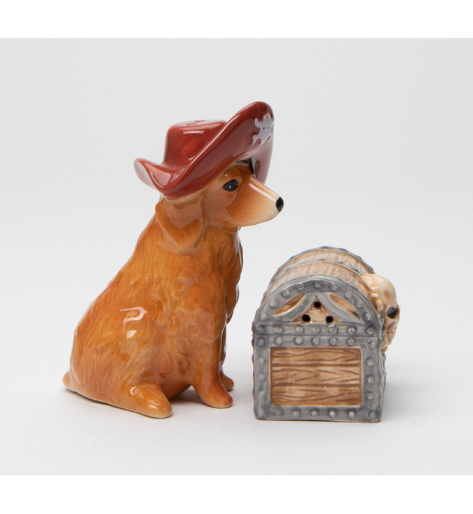Pirate Dog and Treasure Box Porcelain Salt and Pepper Shakers, Set of 4