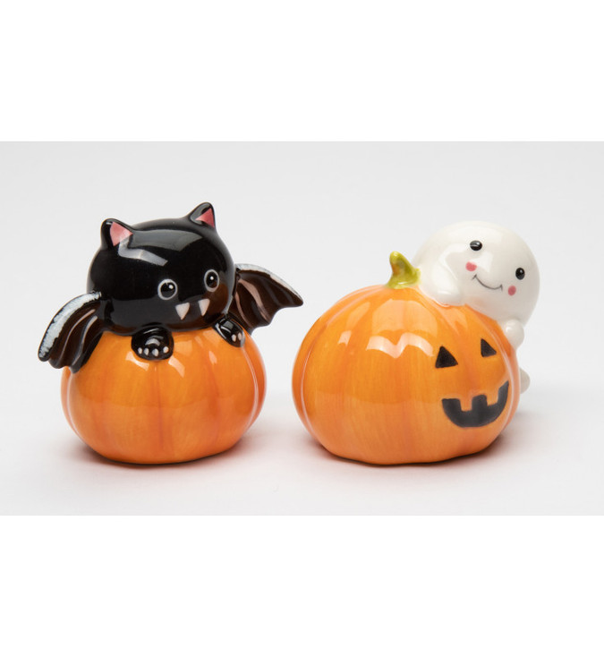 Kitty Bat and Ghost on a Pumpkin Porcelain Salt and Pepper Shakers, Set of 4