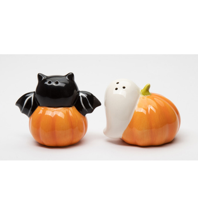 Kitty Bat and Ghost on a Pumpkin Porcelain Salt and Pepper Shakers, Set of 4