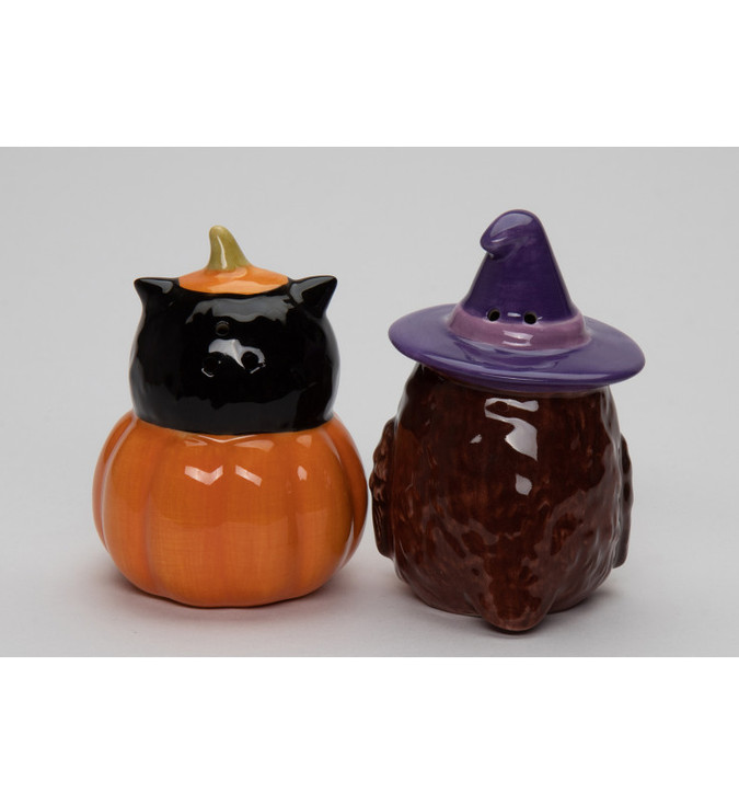 Witch Owl Bird and Pumpkin Owl Bird Porcelain Salt and Pepper Shakers, Set of 4