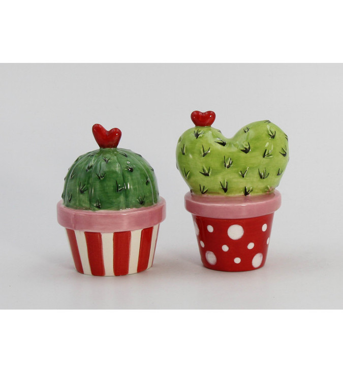 Valentine's Cactus In Red Pot Porcelain Salt and Pepper Shakers, Set of 4