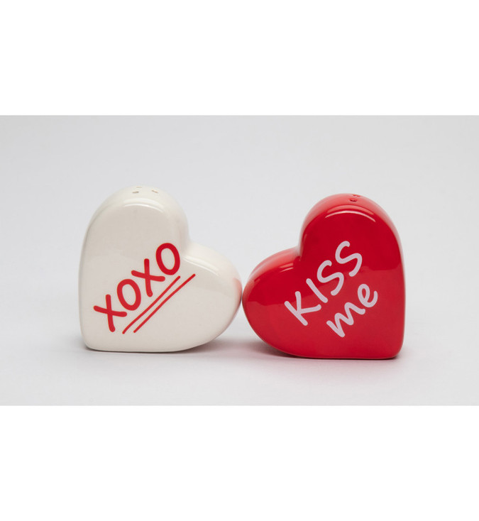 Kiss Me and XOXO Heart Shaped Porcelain Salt and Pepper Shakers, Set of 4