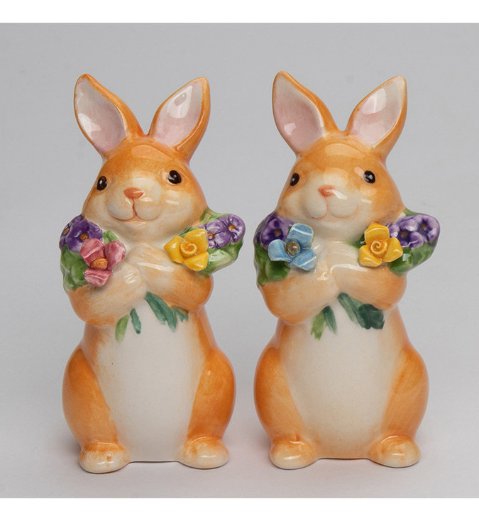 Bunny Holding Flowers Porcelain Salt and Pepper Shakers, Set of 4