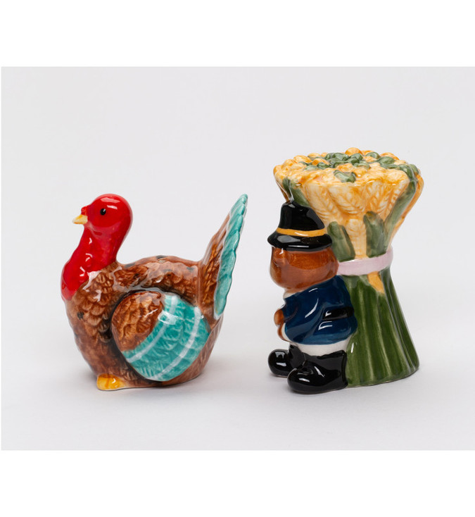 Thanksgiving Bear and Turkey Bird Porcelain Salt and Pepper Shakers, Set of 4