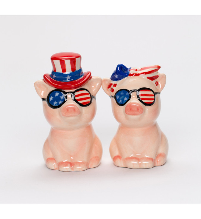 Patriot Pig with Uncle Sam Hat Porcelain Salt and Pepper Shakers, Set of 4