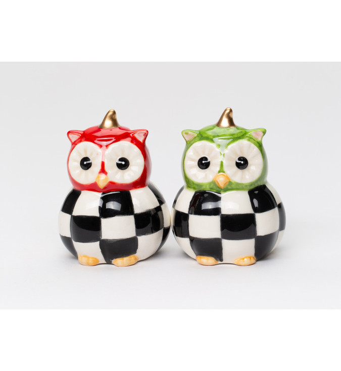 Black and White Pumpkin Owl Birds Porcelain Salt and Pepper Shakers, Set of 4