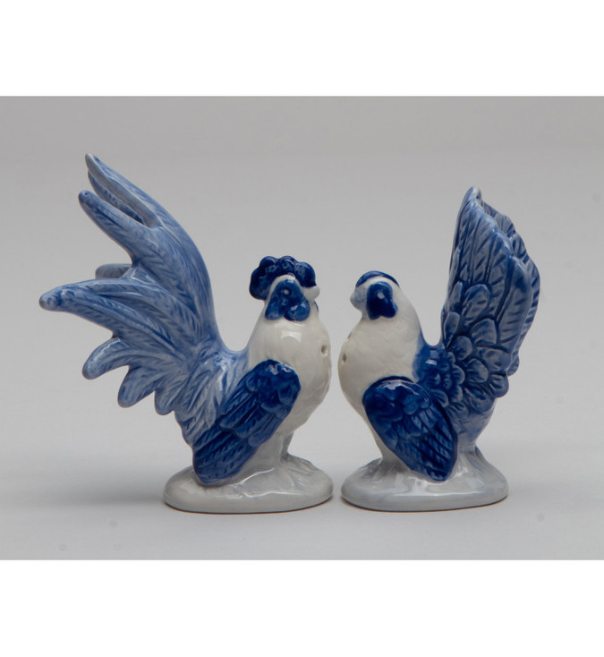 Mini Dutch Blue Rooster Bird Porcelain Salt and Pepper Shakers, Set of 4