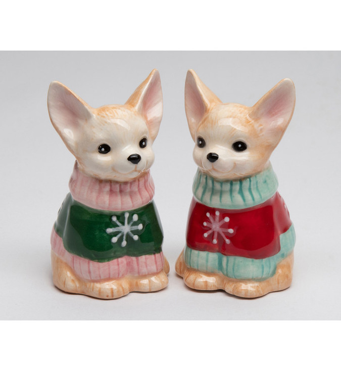 Christmas Chihuahua Dogs Porcelain Salt and Pepper Shakers, Set of 4