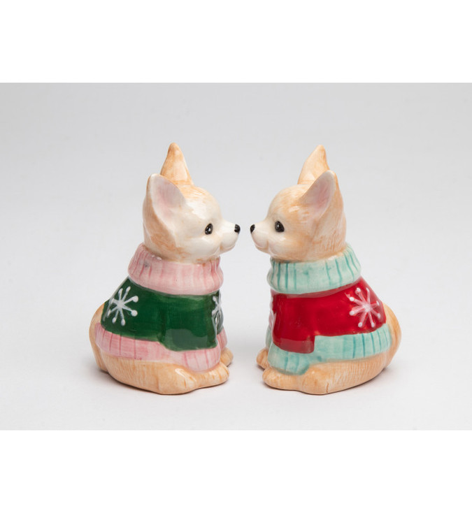 Christmas Chihuahua Dogs Porcelain Salt and Pepper Shakers, Set of 4