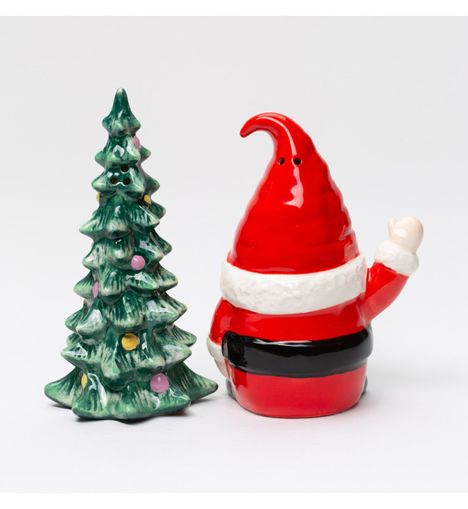 Santa Gnome with Christmas Tree Porcelain Salt and Pepper Shakers, Set of 4