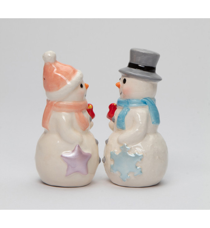 Snowman Couple with Cardinal Birds Porcelain Salt and Pepper Shakers, Set of 4
