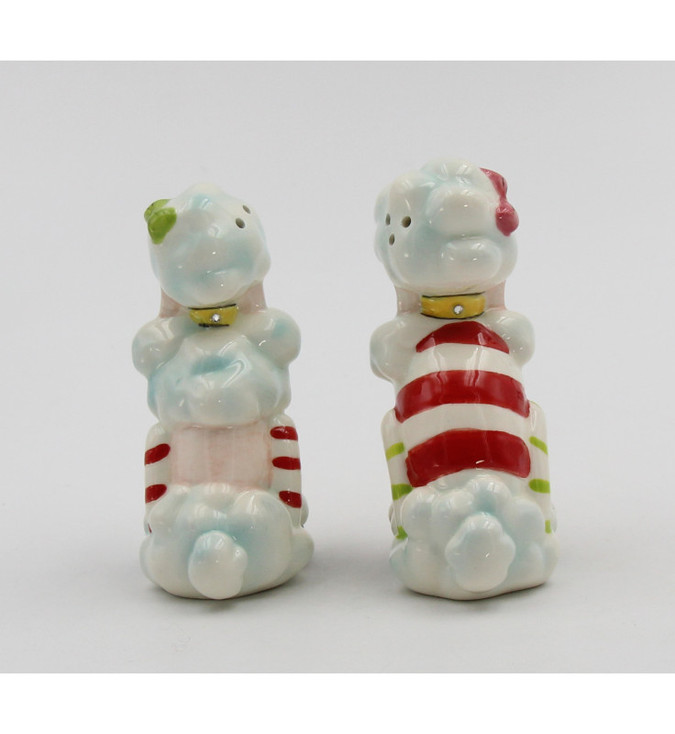 Christmas Poodle Dogs Porcelain Salt and Pepper Shakers, Set of 4