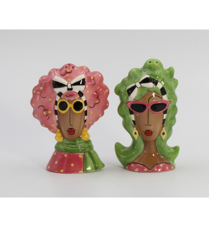Dollymama African American Fashion Lady Porcelain Salt and Pepper Shakers, Set of 4