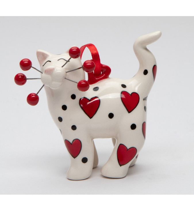 Whisker Cat with Red Hearts Christmas Tree Ornaments, Set of 2