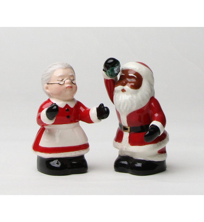 Interracial Santa Claus and Mrs. Claus Porcelain Salt and Pepper Shakers, Set of 4