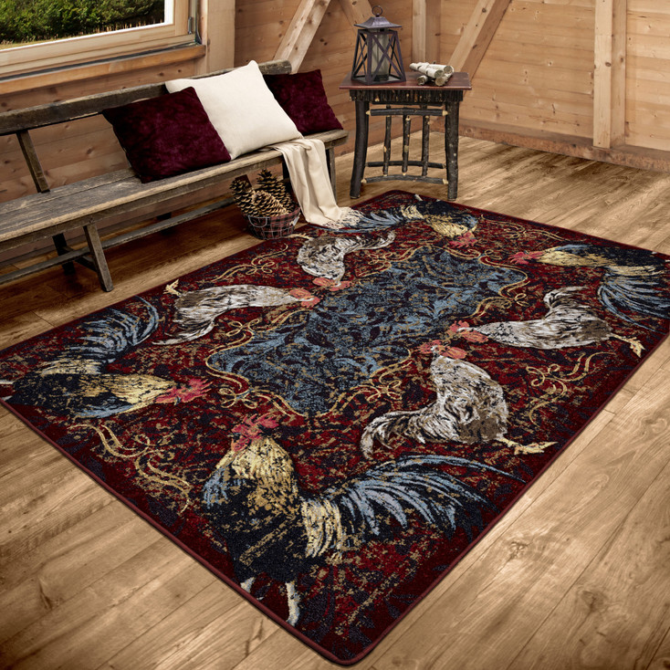 5' x 8' Pecking Order Bordeaux Rooster Rectangle Nylon Area Rug