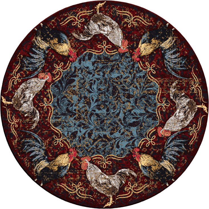 8' Pecking Order Bordeaux Rooster Round Nylon Area Rug