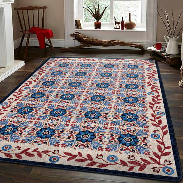 4' x 5' United Quilt Antique Red White Blue Rectangle Nylon Area Rug
