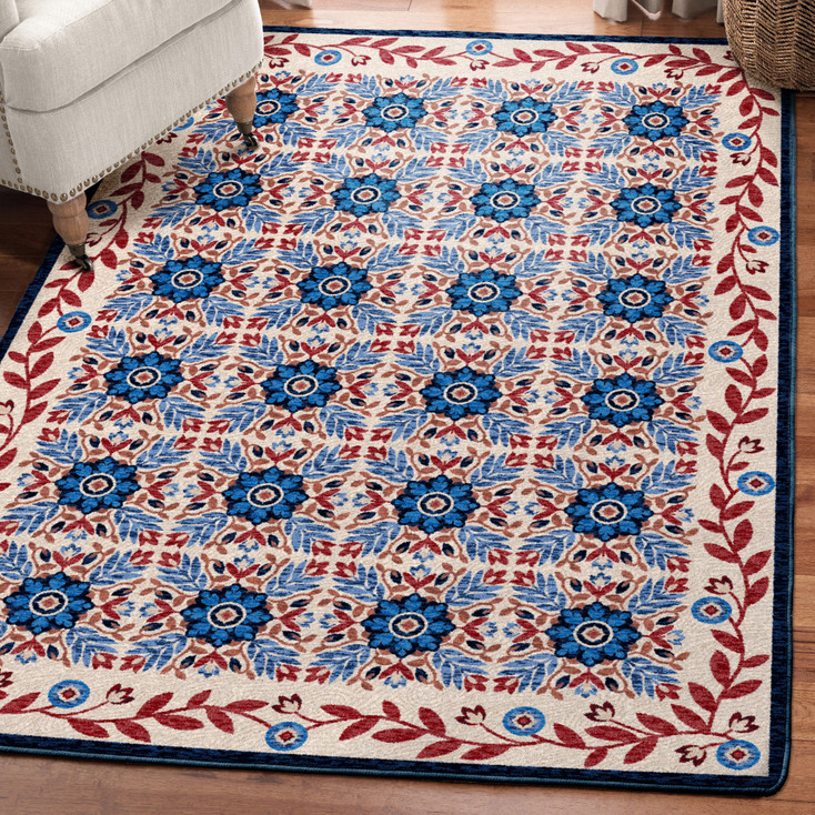 4' x 5' United Quilt Antique Red White Blue Rectangle Nylon Area Rug