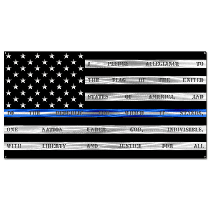 Thin Blue/Silver/Blue Line EMS American Flag with "Pledge of Allegiance" Metal Wall Art