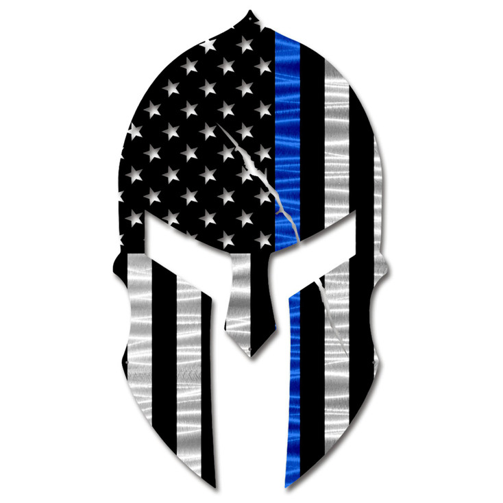 Thin Blue Line Police American Flag Spartan Helmet Metal Wall Art
