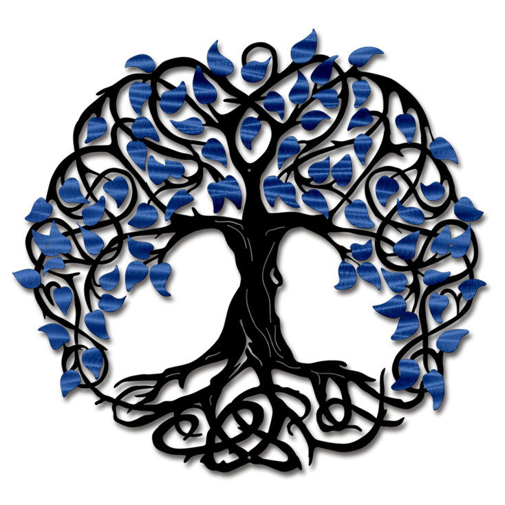 Black Tree of Life with Blue Leaves Metal Wall Art