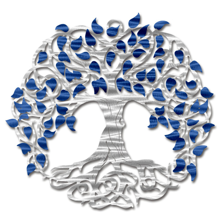 Silver Tree of Life with Blue Leaves Metal Wall Art