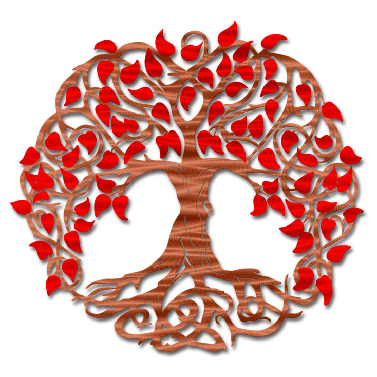 Copper Tree of Life with Red Leaves Metal Wall Art