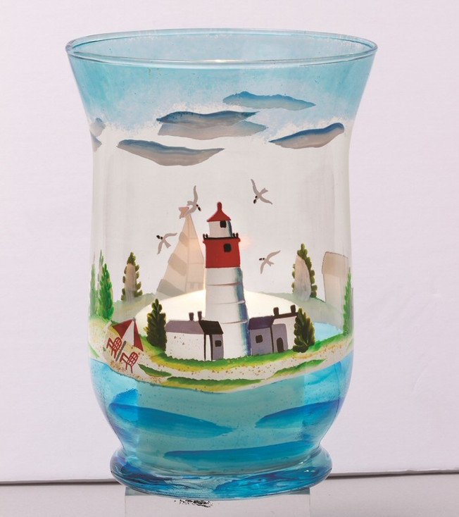 Seashore Scene Hand Painted Glass Hurricane Candle Holder